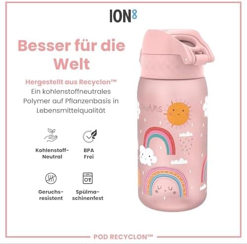 ION8 Kinder Trinkflasche Edelstahl Leicht 400ml Spülmaschinenfest Sichere Verriegelung