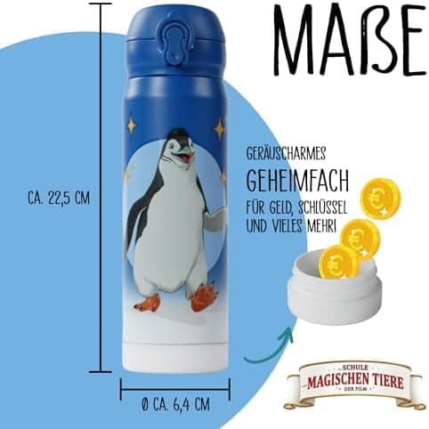 AWAVE Schule Magische Tiere Trinkflasche Kinder Edelstahl 380ml Blau Kohlensäure geeignet Thermosflasche Juri Einhandöff