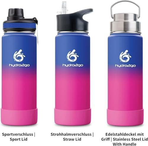 hydro2go Edelstahl Trinkflasche Mit Strohhalm, Bpa-Frei, Isolierflasche Für Kinder, Sport & Outdoor, 12h Heiß 24h Kalt H