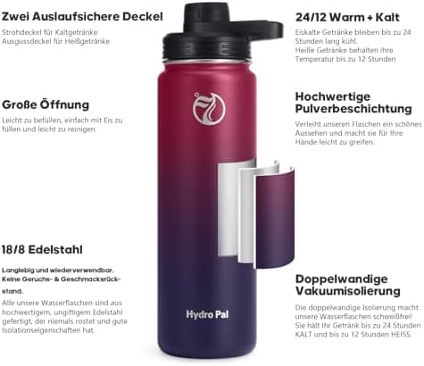 HydroPal Edelstahl Trinkflasche - Isolierte Flasche mit Strohhalm & 2 Deckeln, Auslaufsichere Isolierung für Sport, 500m