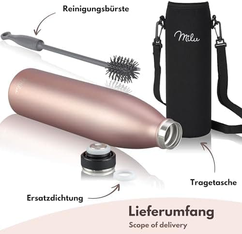 Milu Edelstahl Trinkflasche für Erwachsene – 750ml Isolierflasche zum Tragen – auslaufsicher, Kohlensäuregerecht inkl. R