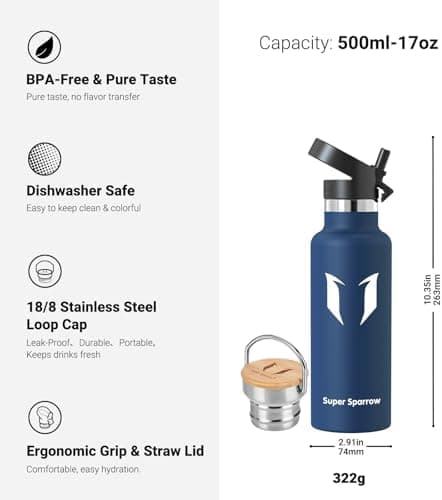 Super Sparrow Trinkflasche Edelstahl - Auslaufsicher Thermoskanne - Kinder für Sprudel, Sport, Schule, Fitness - 500ml -