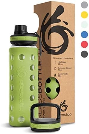 Hydro2go Glas-Trinkflasche mit Silikonhülle – Spülmaschinenfest, 100% Auslaufsicher & BPA-frei – Ideal für Kinder & Fami