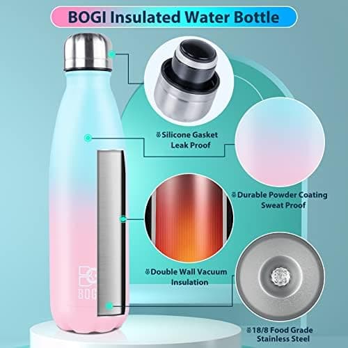 BOGI Doppelwandige Thermosflasche Edelstahl Trinkflasche Kinder Trinkflasche Schule Himmelblau Pink