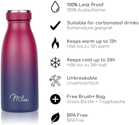 Milu Edelstahl Trinkflasche für Erwachsene – 750ml Isolierflasche zum Tragen – auslaufsicher, Kohlensäuregerecht inkl. R