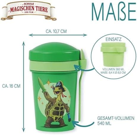 AWAVE Müslibecher To Go - Magische Tiere Schule 540 ml rPET Grün Henrietta, Joghurt-Früchte-Suppe Becher mit Löffel, Aus