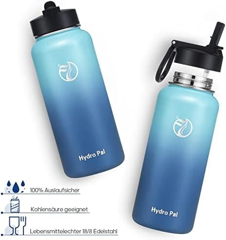 HydroPal Edelstahl Trinkflasche - Isolierte Flasche mit Strohhalm & 2 Deckeln, Auslaufsichere Isolierung für Sport, 500m
