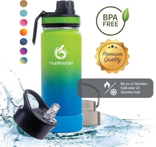 hydro2go Edelstahl Trinkflasche Mit Strohhalm, Bpa-Frei, Isolierflasche Für Kinder, Sport & Outdoor, 12h Heiß 24h Kalt H