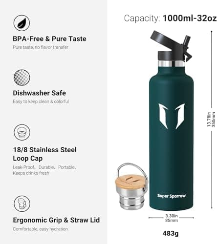 Super Sparrow Trinkflasche Edelstahl - Auslaufsicher Thermoskanne - Kinder für Sprudel, Sport, Schule, Fitness - 500ml -