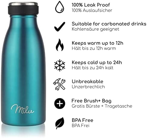 Milu Edelstahl Trinkflasche für Erwachsene – 750ml Isolierflasche zum Tragen – auslaufsicher, Kohlensäuregerecht inkl. R