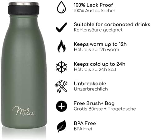 Milu Edelstahl Trinkflasche für Erwachsene – 750ml Isolierflasche zum Tragen – auslaufsicher, Kohlensäuregerecht inkl. R