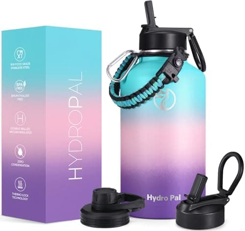 HydroPal Edelstahl Trinkflasche - Isolierte Flasche mit Strohhalm & 2 Deckeln, Auslaufsichere Isolierung für Sport, 500m