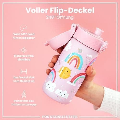 ION8 Kinder Trinkflasche Edelstahl Leicht 400ml Spülmaschinenfest Sichere Verriegelung
