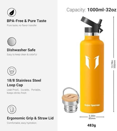 Super Sparrow Trinkflasche Edelstahl - Auslaufsicher Thermoskanne - Kinder für Sprudel, Sport, Schule, Fitness - 500ml -