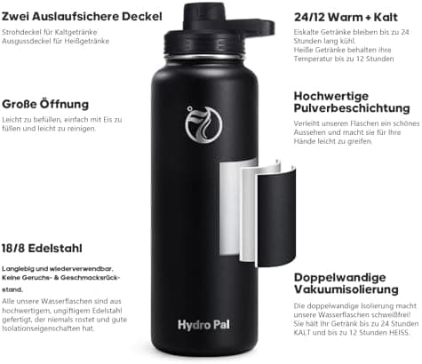 HydroPal Edelstahl Trinkflasche - Isolierte Flasche mit Strohhalm & 2 Deckeln, Auslaufsichere Isolierung für Sport, 500m