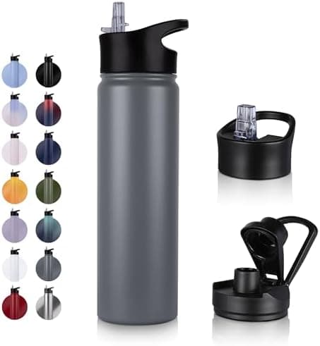 Edelstahl Trinkflasche - 1L - mit Strohhalm, BPA frei Thermosflasche,Vakuum Doppelwandisolierung für Sport,Schule und Fa
