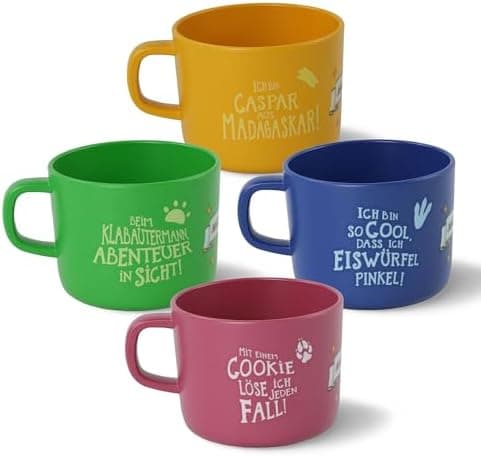 AWAVE Kinder Tasse Set | 4-teilig | 250 ml rPET Henkelbecher | Fuchs Rabbat Pinguin Juri Schildkröte Henrietta Chamäleon