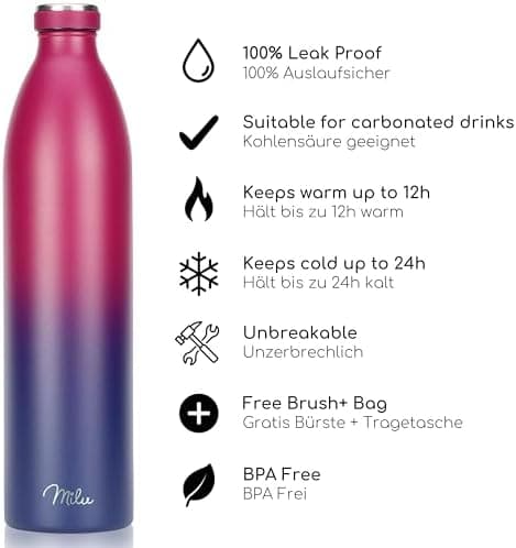 Milu Edelstahl Trinkflasche für Erwachsene – 750ml Isolierflasche zum Tragen – auslaufsicher, Kohlensäuregerecht inkl. R