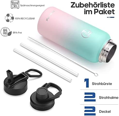 HydroPal Edelstahl Trinkflasche - Isolierte Flasche mit Strohhalm & 2 Deckeln, Auslaufsichere Isolierung für Sport, 500m