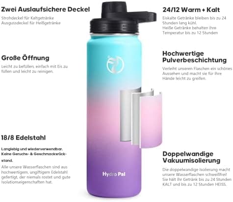 HydroPal Edelstahl Trinkflasche - Isolierte Flasche mit Strohhalm & 2 Deckeln, Auslaufsichere Isolierung für Sport, 500m