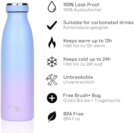 Milu Edelstahl Trinkflasche für Erwachsene – 750ml Isolierflasche zum Tragen – auslaufsicher, Kohlensäuregerecht inkl. R