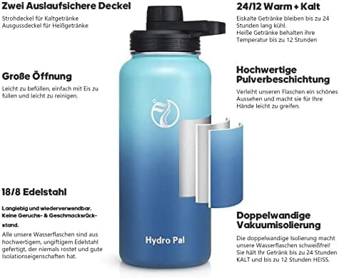 HydroPal Edelstahl Trinkflasche - Isolierte Flasche mit Strohhalm & 2 Deckeln, Auslaufsichere Isolierung für Sport, 500m