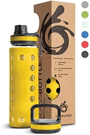 Hydro2go Glas-Trinkflasche mit Silikonhülle – Spülmaschinenfest, 100% Auslaufsicher & BPA-frei – Ideal für Kinder & Fami
