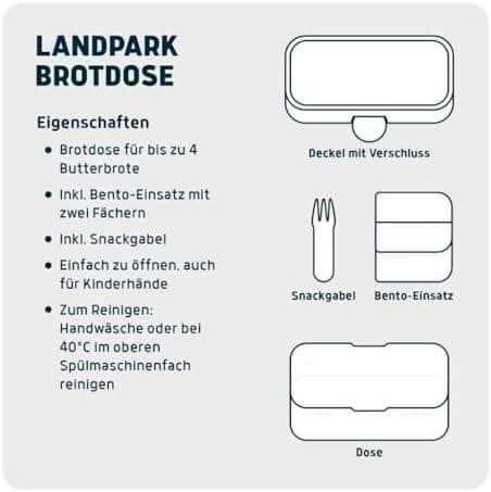 Landpark Brotdose Willi Kinder - Bento Box Kinder - Schule mit Fächern und Gabel - BPA-frei & Spülmaschinenfest - 750 ml