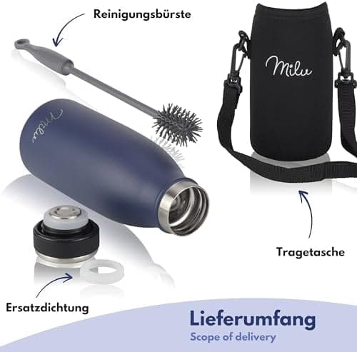 Milu Edelstahl Trinkflasche für Erwachsene – 750ml Isolierflasche zum Tragen – auslaufsicher, Kohlensäuregerecht inkl. R