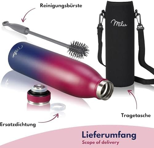 Milu Edelstahl Trinkflasche für Erwachsene – 750ml Isolierflasche zum Tragen – auslaufsicher, Kohlensäuregerecht inkl. R