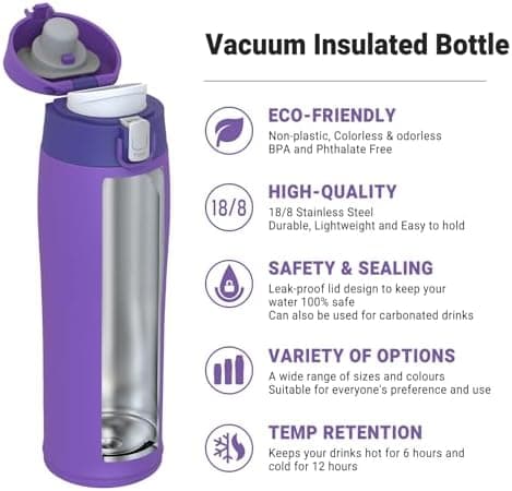 AORIN Trinkflasche Edelstahl 18/8, 500ml, BPA-Frei, Doppelwandig Isolierflasche für Sport, Schule und Outdooraktivitäten