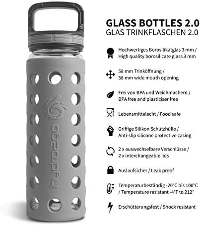 Hydro2go Glas-Trinkflasche mit Silikonhülle – Spülmaschinenfest, 100% Auslaufsicher & BPA-frei – Ideal für Kinder & Fami