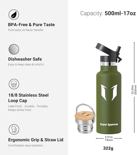 Super Sparrow Trinkflasche Edelstahl - Auslaufsicher Thermoskanne - Kinder für Sprudel, Sport, Schule, Fitness - 500ml -