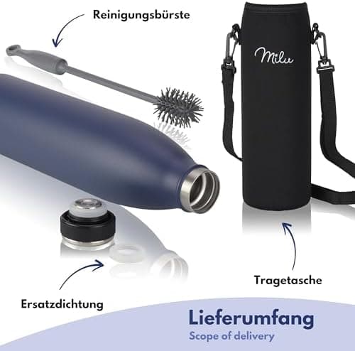 Milu Edelstahl Trinkflasche für Erwachsene – 750ml Isolierflasche zum Tragen – auslaufsicher, Kohlensäuregerecht inkl. R