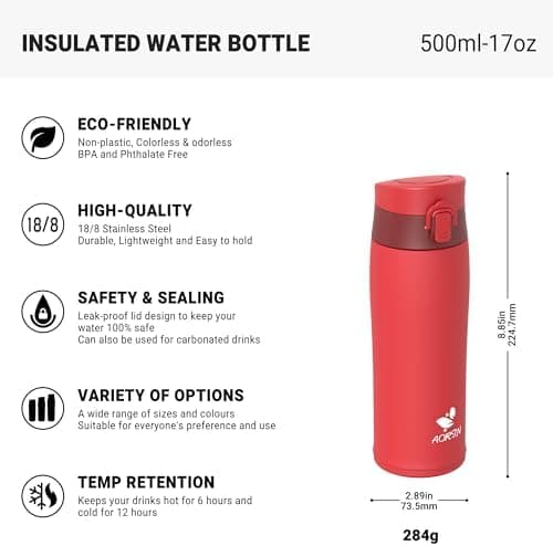 AORIN Trinkflasche Edelstahl 18/8, 500ml, BPA-Frei, Doppelwandig Isolierflasche für Sport, Schule und Outdooraktivitäten