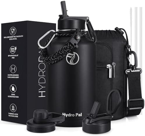 HydroPal Edelstahl Trinkflasche - Isolierte Flasche mit Strohhalm & 2 Deckeln, Auslaufsichere Isolierung für Sport, 500m