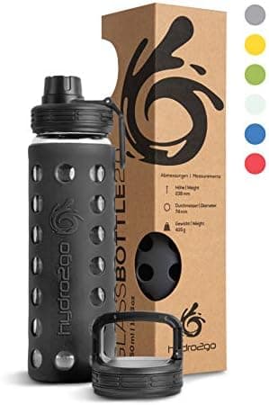 Hydro2go Glas-Trinkflasche mit Silikonhülle – Spülmaschinenfest, 100% Auslaufsicher & BPA-frei – Ideal für Kinder & Fami