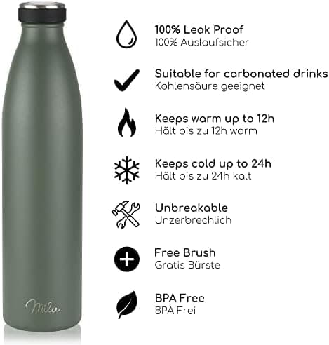 Milu Edelstahl Trinkflasche für Erwachsene – 750ml Isolierflasche zum Tragen – auslaufsicher, Kohlensäuregerecht inkl. R