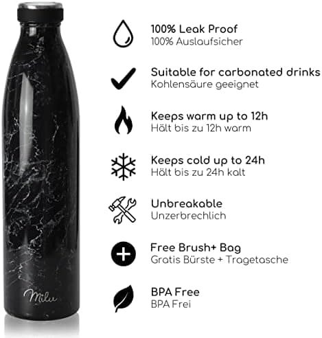 Milu Edelstahl Trinkflasche für Erwachsene – 750ml Isolierflasche zum Tragen – auslaufsicher, Kohlensäuregerecht inkl. R