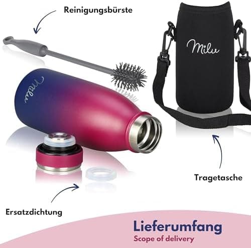 Milu Edelstahl Trinkflasche für Erwachsene – 750ml Isolierflasche zum Tragen – auslaufsicher, Kohlensäuregerecht inkl. R