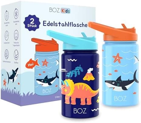 BOZ Isolierte Wasserflasche für Kinder | Edelstahl, doppelwandig, 414 ml | Praktisch und bequem mit Strohhalm-Deckel