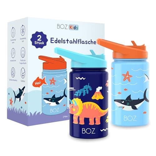 BOZ Isolierte Wasserflasche für Kinder | Edelstahl, doppelwandig, 414 ml | Praktisch und bequem mit Strohhalm-Deckel