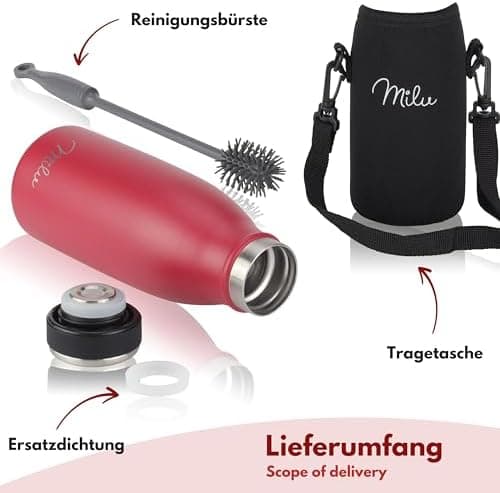 Milu Edelstahl Trinkflasche für Erwachsene – 750ml Isolierflasche zum Tragen – auslaufsicher, Kohlensäuregerecht inkl. R
