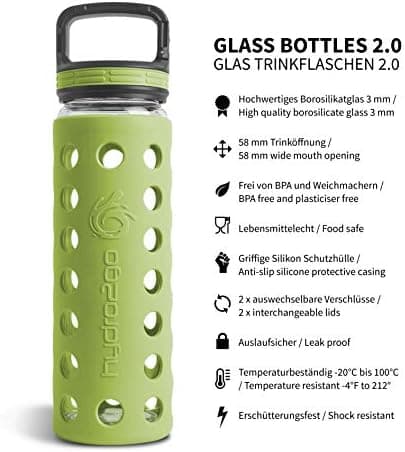 Hydro2go Glas-Trinkflasche mit Silikonhülle – Spülmaschinenfest, 100% Auslaufsicher & BPA-frei – Ideal für Kinder & Fami