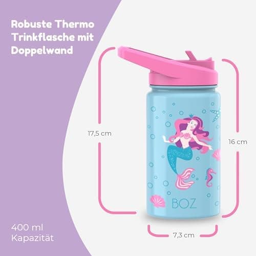 BOZ Isolierte Wasserflasche für Kinder | Edelstahl, doppelwandig, 414 ml | Praktisch und bequem mit Strohhalm-Deckel