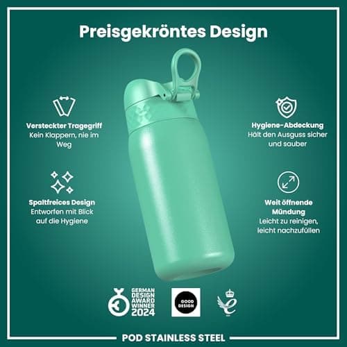 ion8 Kinder Trinkflasche Edelstahl 400ml Nicht Isoliert Sichere Verriegelung Spülmaschinenfest Klappdeckel Leicht zu Rei