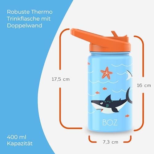 BOZ Isolierte Wasserflasche für Kinder | Edelstahl, doppelwandig, 414 ml | Praktisch und bequem mit Strohhalm-Deckel