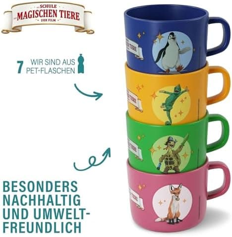 AWAVE Kinder Tasse Set | 4-teilig | 250 ml rPET Henkelbecher | Fuchs Rabbat Pinguin Juri Schildkröte Henrietta Chamäleon