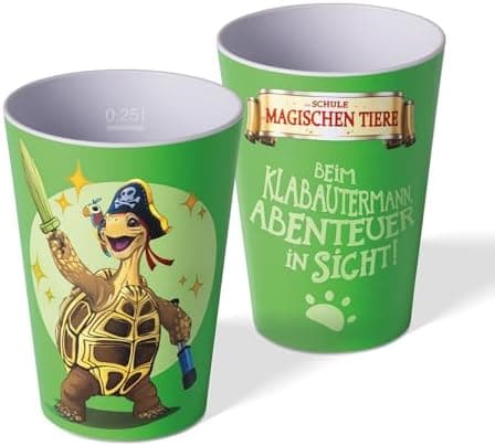 AWAVE Kinder Tasse Set | 4-teilig | 250 ml rPET Henkelbecher | Fuchs Rabbat Pinguin Juri Schildkröte Henrietta Chamäleon