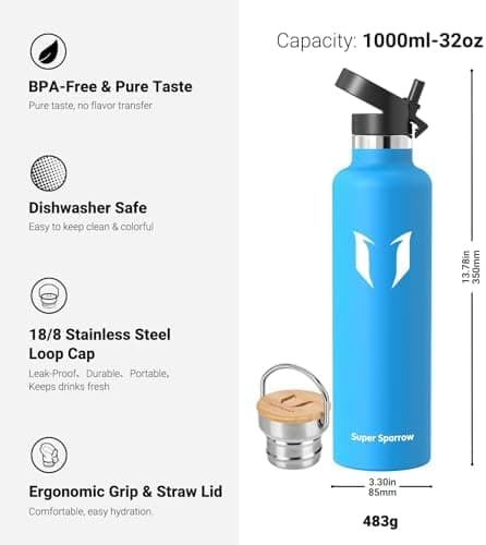 Super Sparrow Trinkflasche Edelstahl - Auslaufsicher Thermoskanne - Kinder für Sprudel, Sport, Schule, Fitness - 500ml -